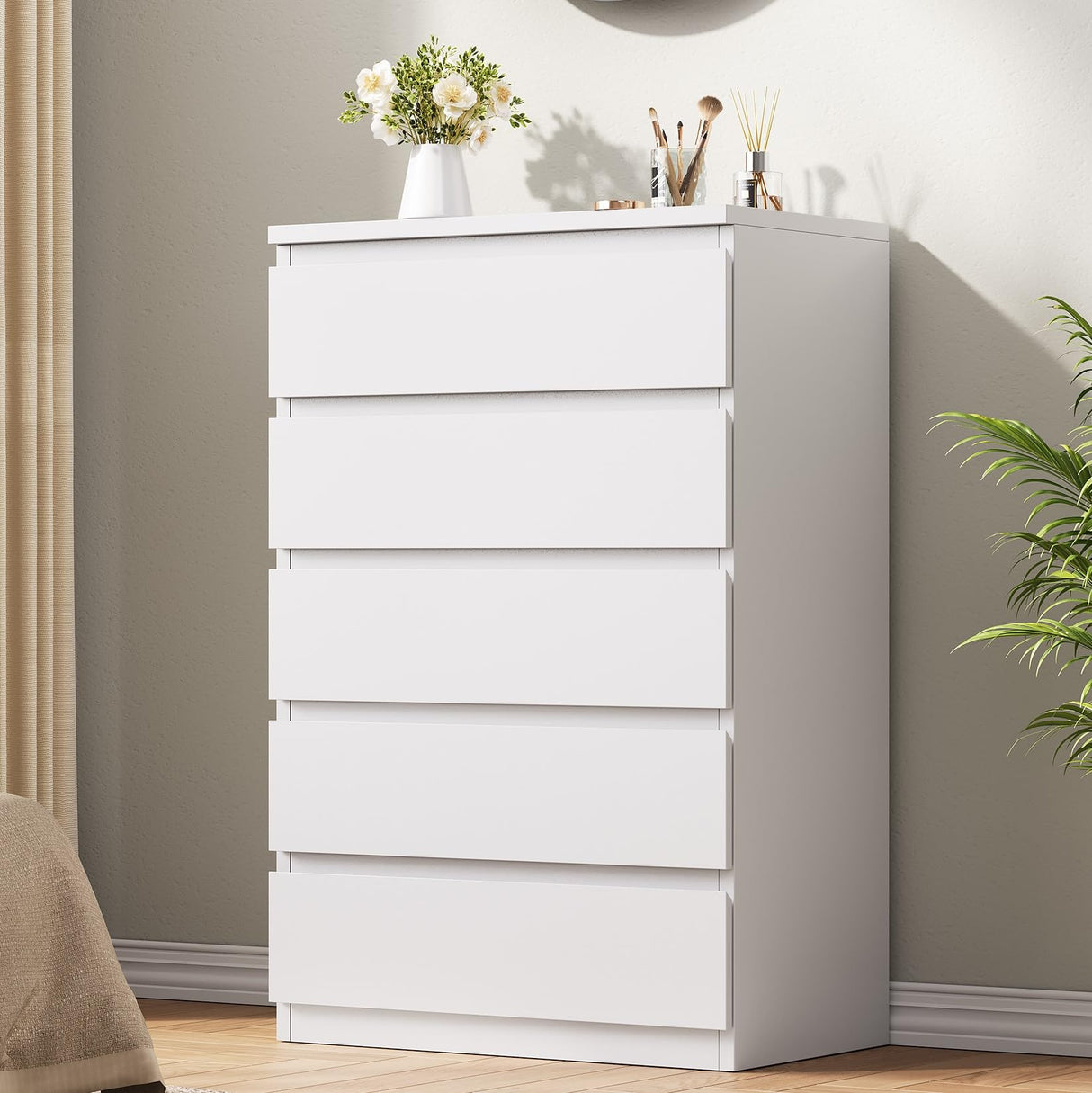 Jocoevol White 5 Drawer Dresser for Bedroom, 15" D x 23.7" W x 40.4" H in Simply Modern Chest of Drawers, Wood Storage Dresser with Deep Drawers for Living Room Hallway Entryway, White Jocoevol