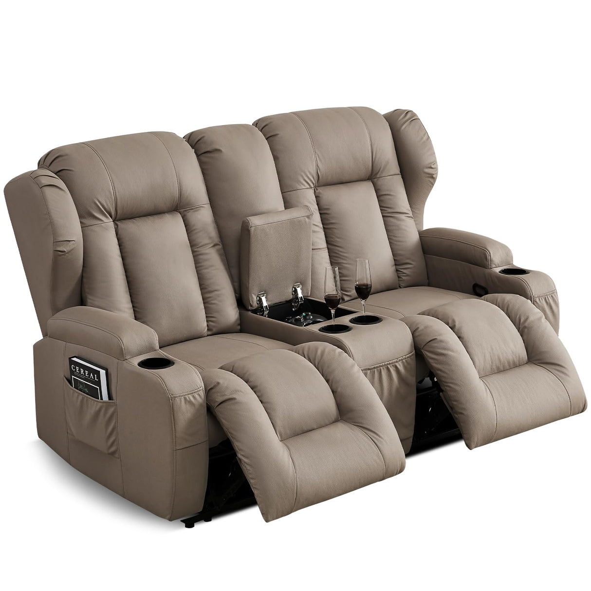 SAMERY 65.5" RV Loveseat Recliner Double Recliner RV Sofa & Console | Wall Hugger Loveseat Reclining RV | RV Theater Seats | RV Couch | RV Home Theater Seating Furniture (Fabric Khaki) SAMERY