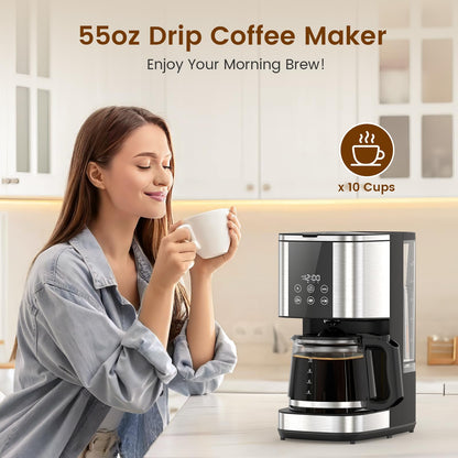 Electactic 10-Cup Drip Coffee Maker, 24-Hour Programmable Coffee Brewer, Touch Screen, Coffee Strength Control, Reusable Filter, Coffee Pot, Energy Saving Auto Shut Off