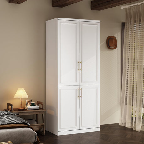 WOODTIME Wardrobe Closet with Hanging Rod, Modern Wooden Armoire with 4 Framed Doors & 3 Large Shelves, Clothes Storage Cabinet Organizer for Bedroom Apartment, White WOODTIME