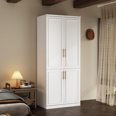 WOODTIME Wardrobe Closet with Hanging Rod, Modern Wooden Armoire with 4 Framed Doors & 3 Large Shelves, Clothes Storage Cabinet Organizer for Bedroom Apartment, White