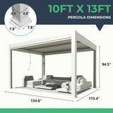 YOLENY Electric Louvered Pergola 10x13, Solar and Electric Powered, Integrated LED and 4 Side Screens, Full Aluminum Frame and Louvers, Adjustable Rainproof Roof for Outdoor Living, White YOLENY