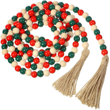 Equsion 9.8ft Christmas Wood Bead Garland with Tassels, Xmas Wooden Bead Garlands Wooden Classical Green and Red Garland with Jute Rope Rustic Farmhouse Bead Natural Wood Beads Wall Hanging Decoration