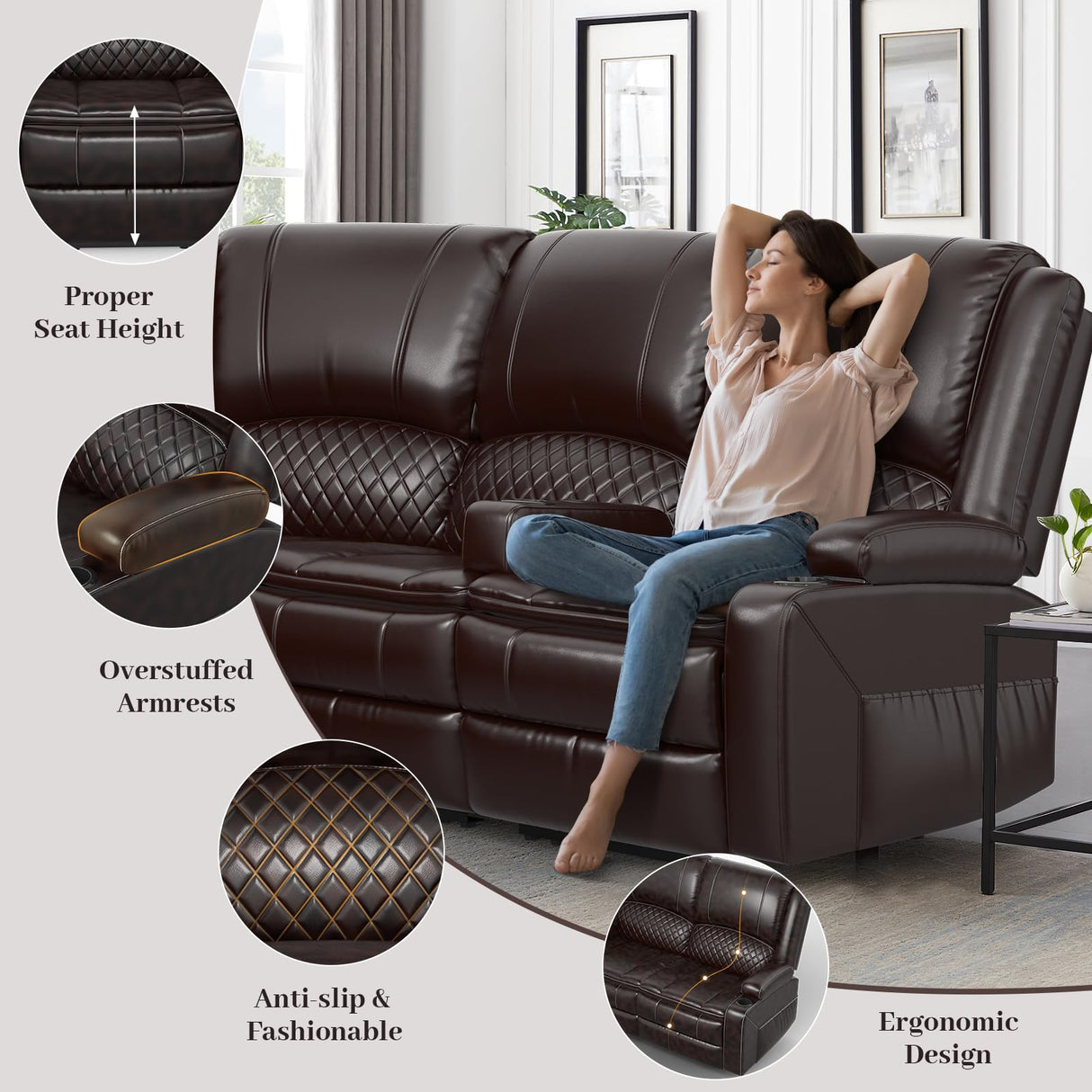 Yolsali Home Theater Seating Reclining Sectional Sofa, 5 Seats Soft Leather Recliner Corner Sectional Couch, Recliner Couch with USB Charging, Thickened Padding, Sturdy Frame, Brown Yolsali