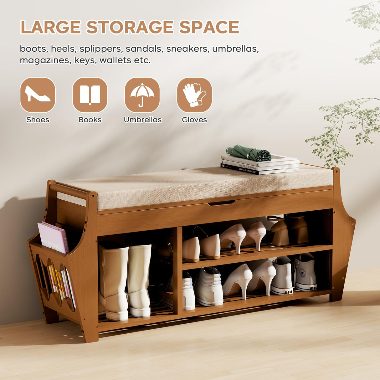 oakvivo 39.4in Shoe Bench with 2 Side Holder, 3 Tier Bamboo Entryway Bench with Storage, Shoe Rack Bench Organizer with Cushion for Entryway Hallway Living Room, Holds up to 330lbs oakvivo