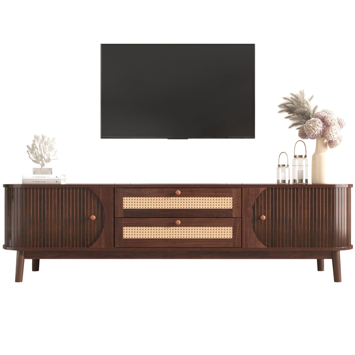 YESGIGA Rattan TV Stand for TVs up to 75'', Modern Farmhouse Media Console, Entertainment Center with Solid Wood Legs, TV Cabinet for Living YESGIGA