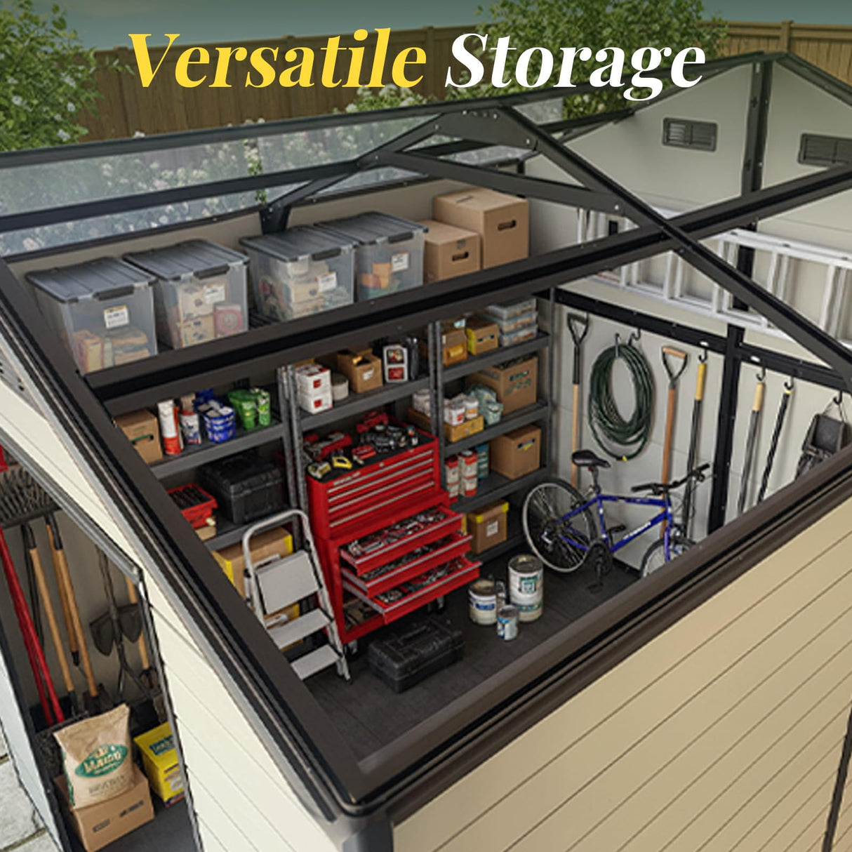 FammyLoft 8x14 FT Resin Storage Sheds Outdoor with Floor Included, Plastic Sheds & Outdoor Storage Clearance with 2 Windows and Lockable Door, Backyard Storage Sheds for Garden Tools, Brown+White FammyLoft