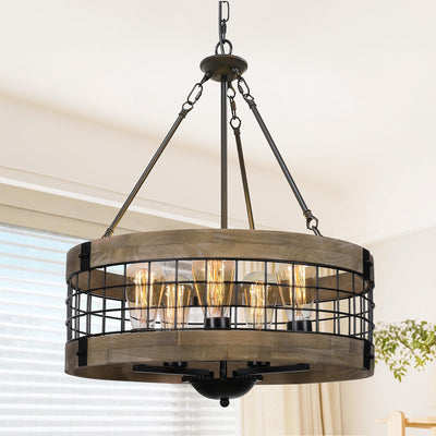 LamQee 5-Lights Rustic Farmhouse Chandeliers for Dining Room Over Table Wood and Metal Chandelier for Foyer Round Wooden Lights Fixture Large Drum Hanging Lighting Entryway Hallway Kitchen 18.9 Inch