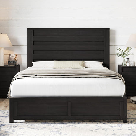AMERLIFE Farmhouse Queen Size Bed Frame with 49" Tall Headboard, Platform Bed with Natural Wood Grain, No Box Spring Needed/Noise Free, Black AMERLIFE