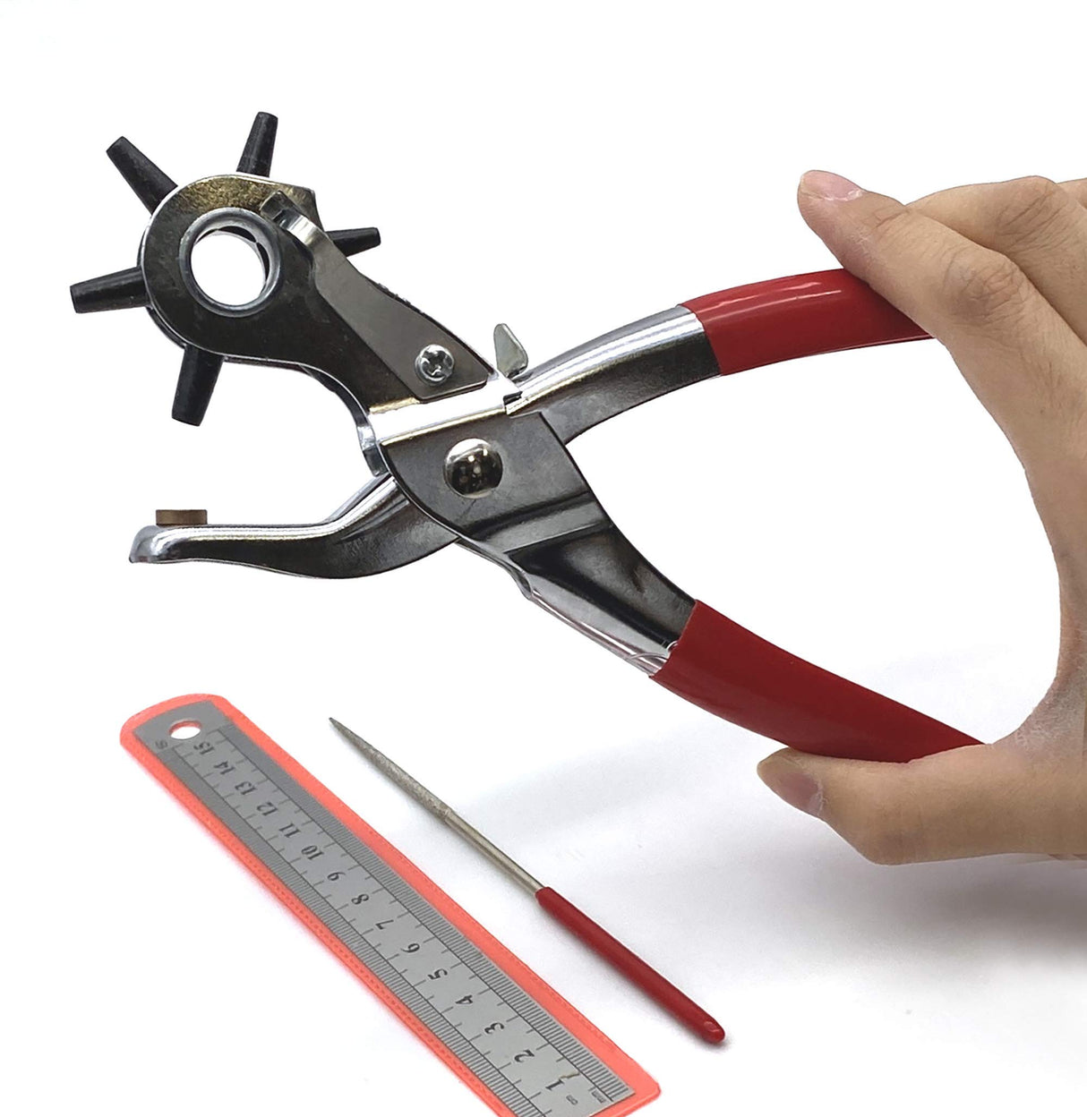 Adorox Heavy Duty Belt Hole Puncher for Leather – 6 Size Revolving Leather Hole Punch Tool with Ruler & Deburring File, Perfect for Belts, Straps, DIY Leathercraft, and Repair Adorox