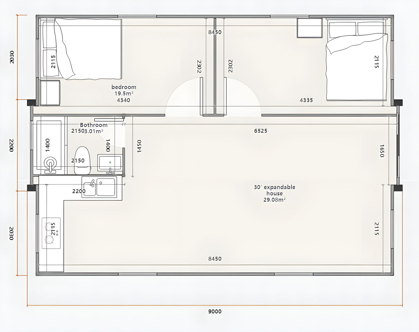 Generic Modern 30Ft Luxury Home with Pitch Roof – Living House with 3 Bedrooms, 1 Bathroom & Kitchen, Waterproof, Sleek Design (30 x 20Ft), Brown-White