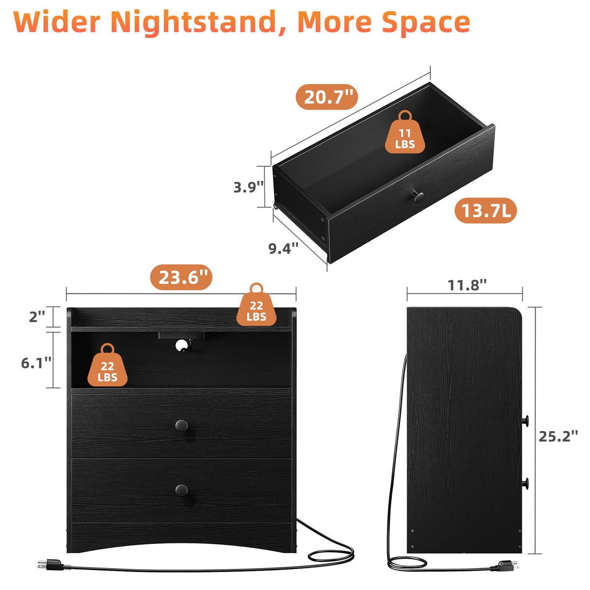 Memobarco Nightstand with Charging Station and LED Light,Modern Nightstand with USB Ports and Outlets,Wooden Bedside Tables with 2 Storage Drawers,Small Dresser for Bedroom Small Space,Black Memobarco