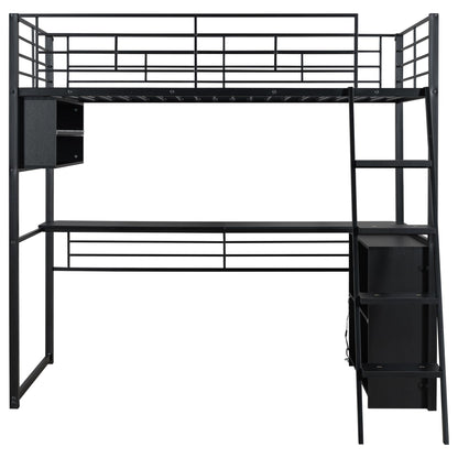 Twin Size Gaming Loft Bed with Desk, LED and 4 Storage Shelves, Metal Twin Loft Bed Frame, High Loft Bed Frame with Storage, Noise-Free, Space-Saving, No Box Spring Needed, Black