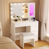 ERLEJIA Vanity, Vanity with Mirror and Lights, 35.43" Makeup Vanity Desk with Stool and Power Strip, Dressing Table with 6 Drawers and 6 Open Shelves with RGB LED Lighting Cabinet, White ERLEJIA
