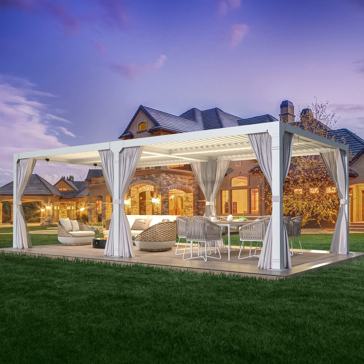 MELLCOM Louvered Pergola 12x20, Aluminum Pergola with Adjustable Louvered Roof, Outdoor Pergola with Waterproof Curtains and Nets, White MELLCOM