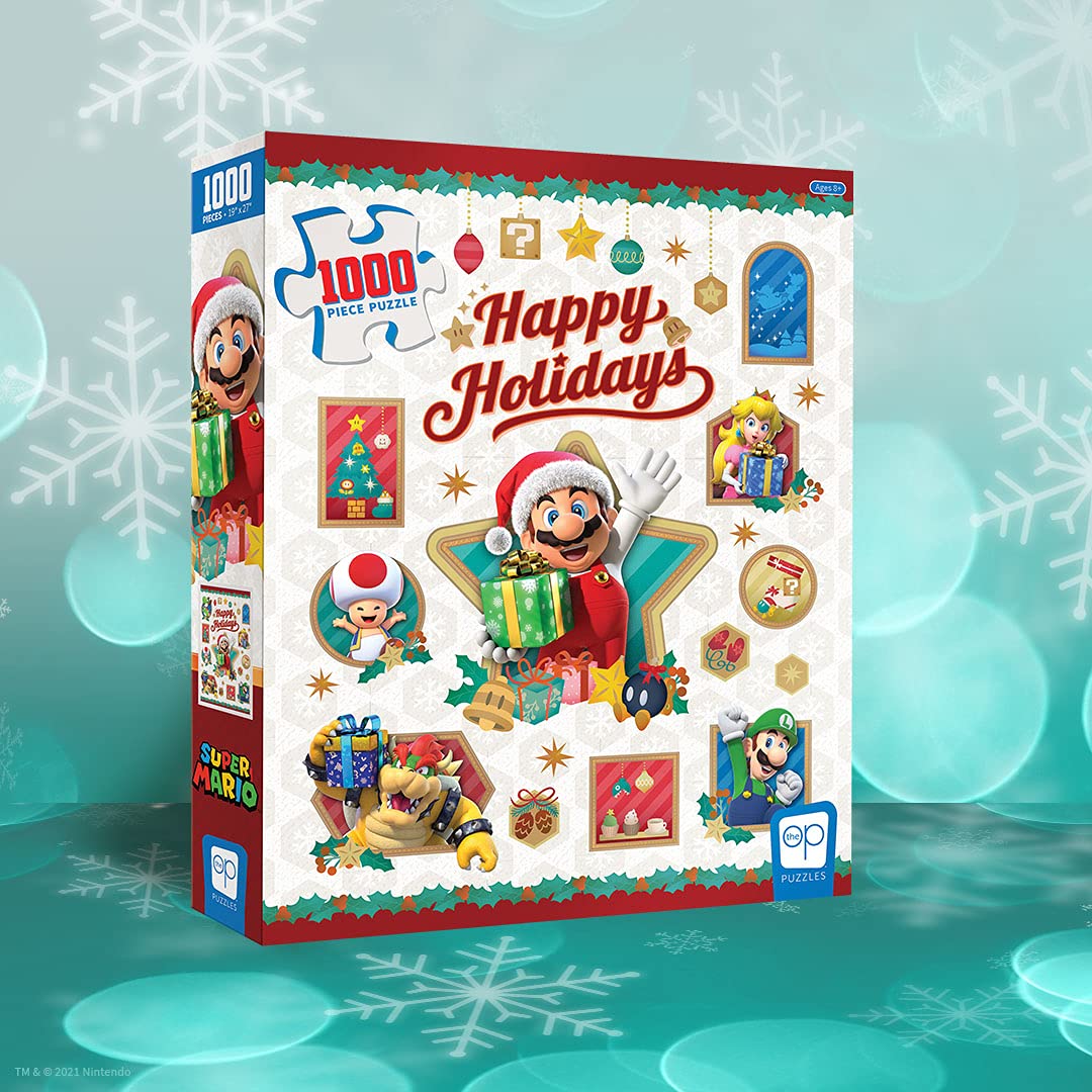 Super Mario Happy Holidays 1,000 Piece Jigsaw Puzzle | Collectible Holiday Puzzle Featuring Mario, Princess Peach, Bowser, Yoshi, and Luigi | Officially Licensed Nintendo Merchandise USAOPOLY