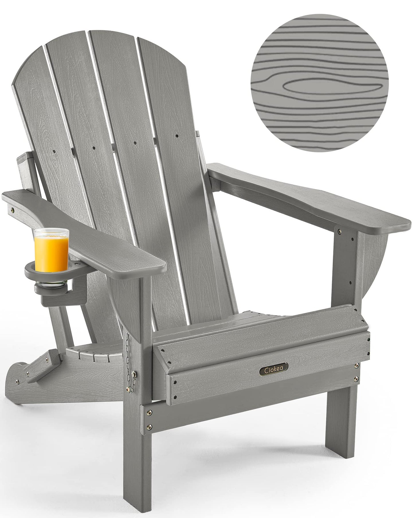 Ciokea Folding Adirondack Chair Wood Texture, Patio Chair Weather Resistant, Plastic Fire Pit Chair with Cup Holder, for Lawn Outdoor Porch Garden Backyard Deck (Grey) - WoodArtSupply