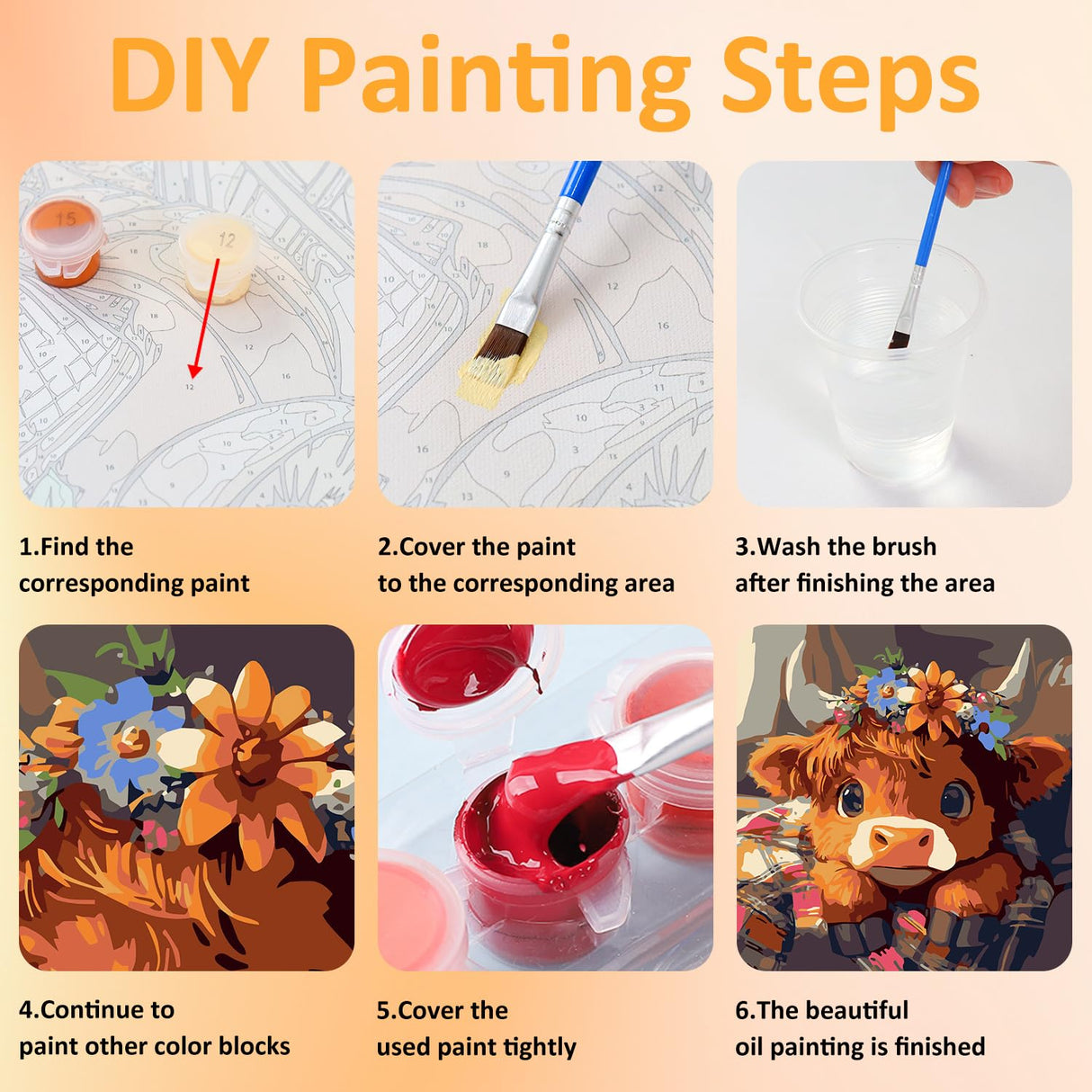 Paint by Numbers for Adult with Frame, Cow Paint by Numbers Kit for Adults Beginners, DIY Cow Acrylic Painting on Canvas for Home Wall Art Decor 9.8x9.8 Inch (with Frame Easel) Mandun