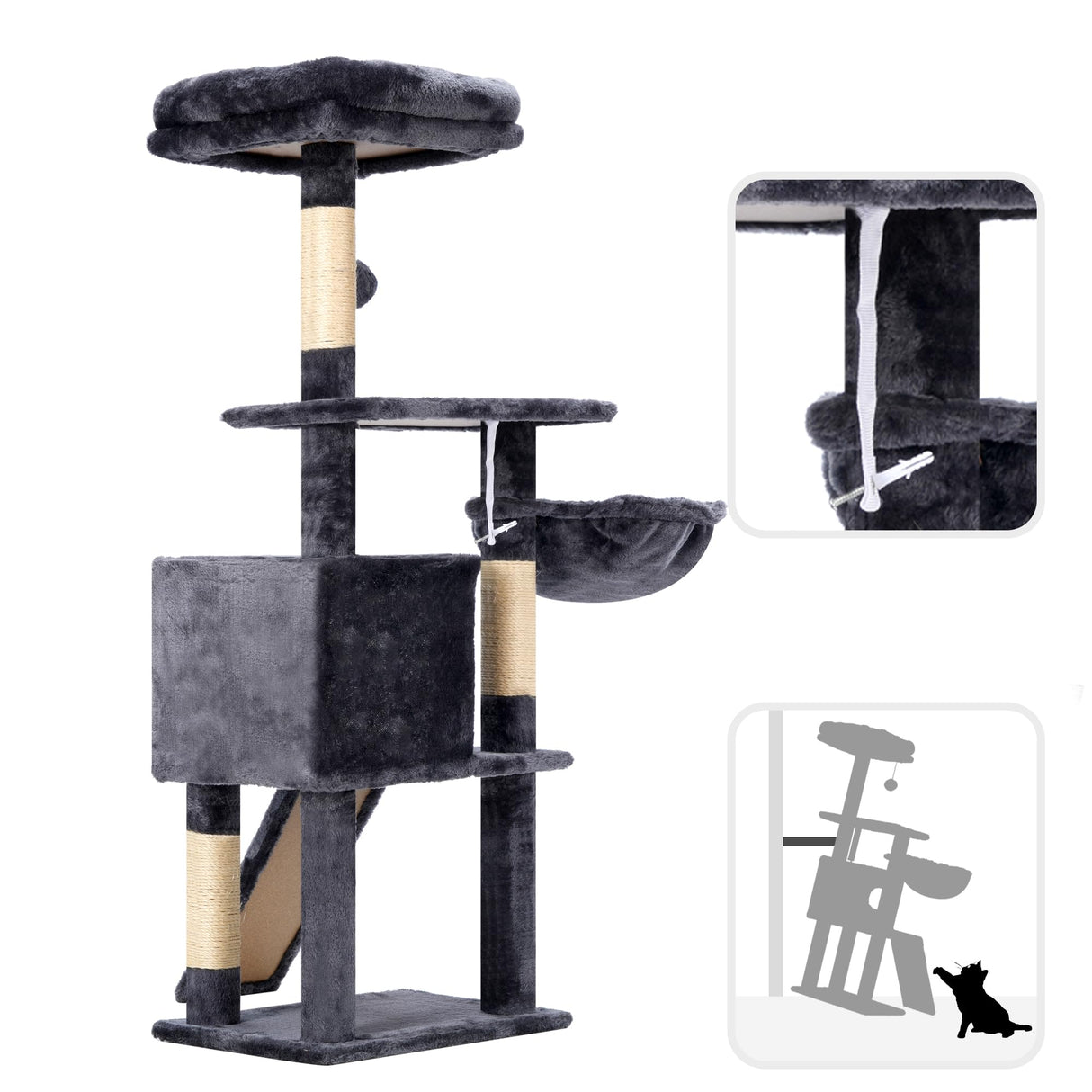 Hey-brother Cat Tree, 42.5-Inches Cat Tower for Indoor Cats, Plush Multi-Level Kitten Cat Condo with Scratching Post, Ramp, Basket, Spacious Cat Cave, Hanging Ball, Smoky Gray MPJ007SG Hey-brother