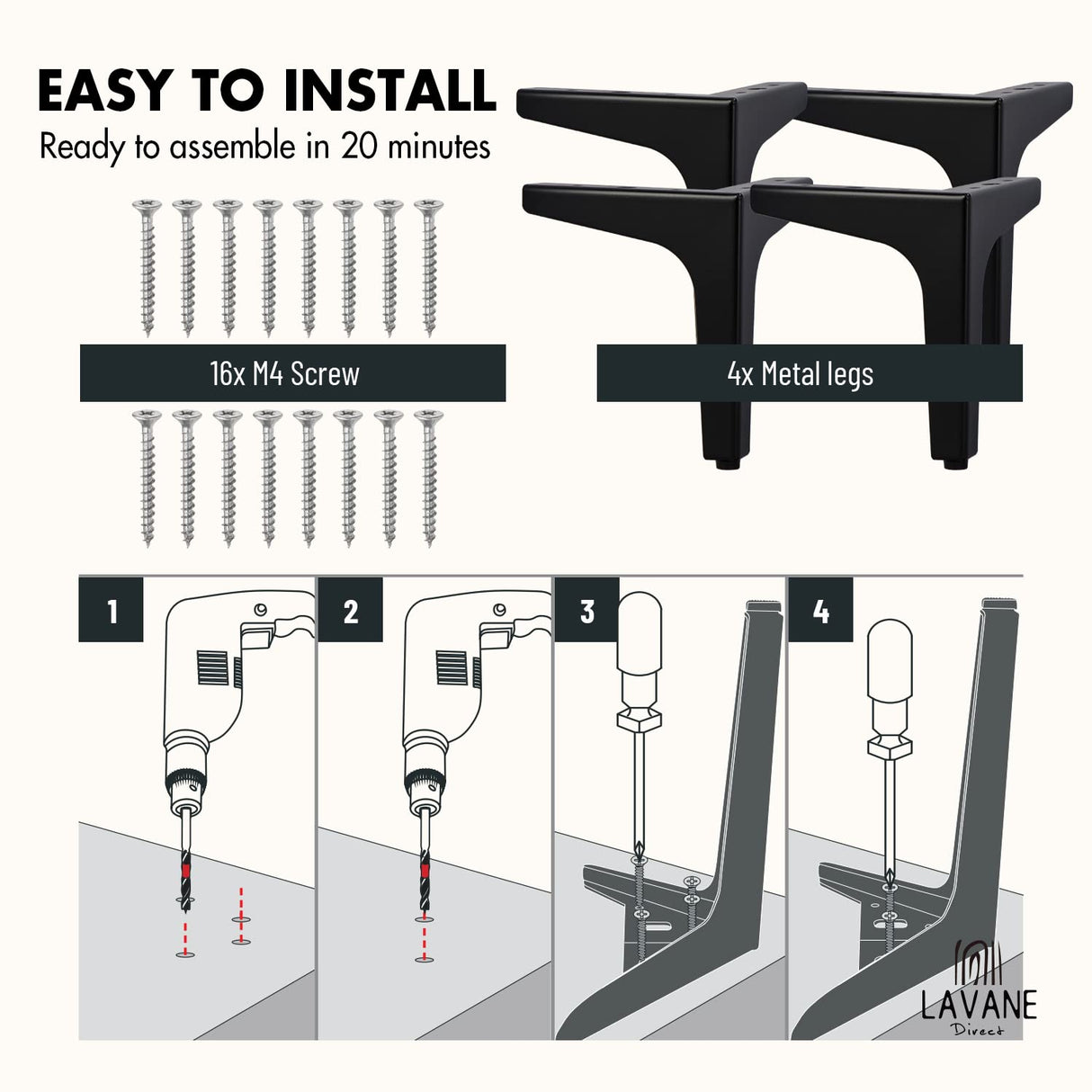 La Vane 4 inch Metal Furniture Legs, Set of 4 Modern Iron Diamond Triangle Furniture Feet DIY Replacement Black for Cabinet Cupboard Sofa Couch Chair Ottoman La Vane