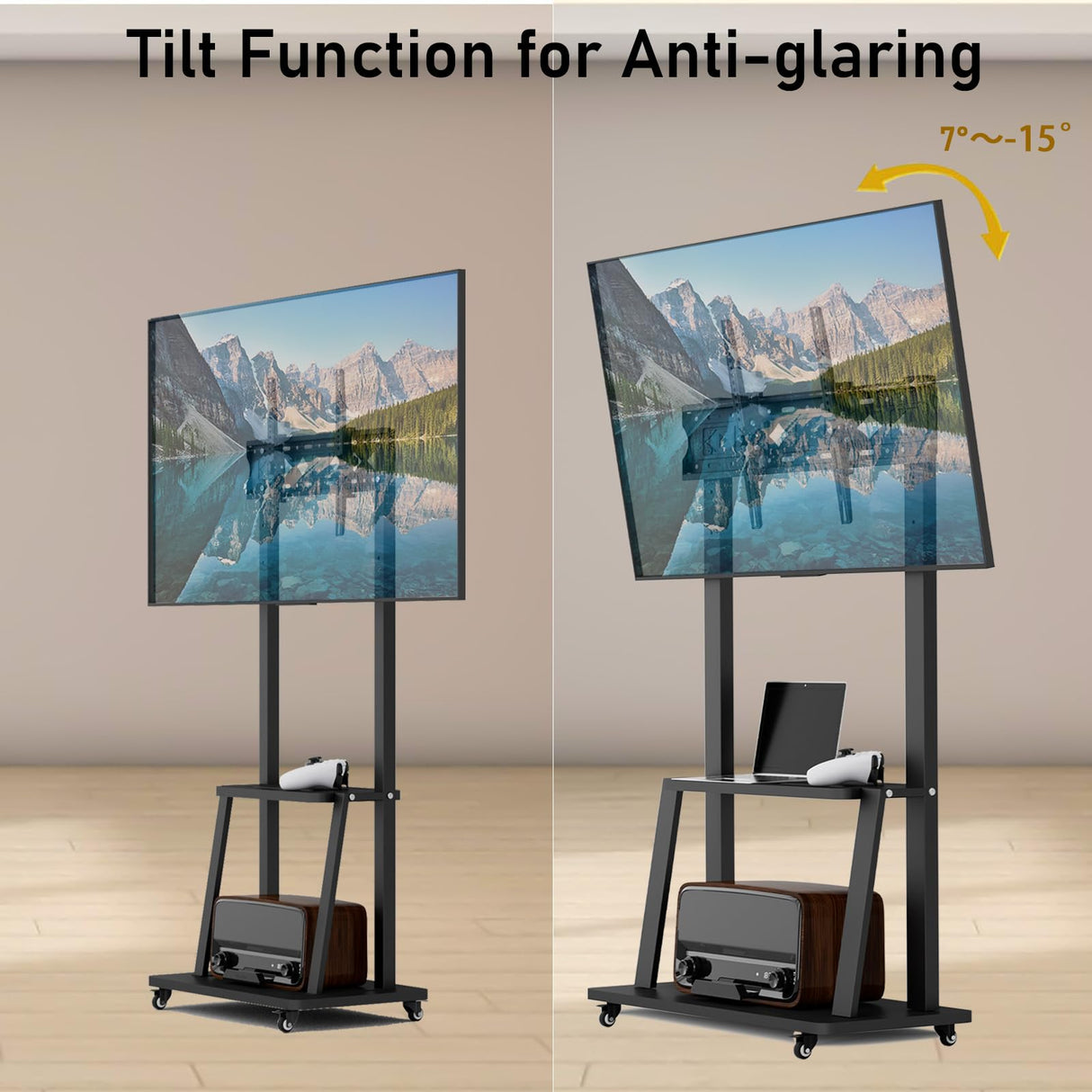 Duiliuu Rolling TV Stand, TV Stand with Wheels for 32-75 inch TV, Portable TV Stand with Shelf,Hight Adjustable,15° Adjustable Viewing Angle,Max 130LBS, Vesa max 600×400 Duiliuu