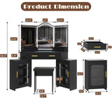 Casvik Corner Vanity Desk with 3 Way Mirror and Lights, 54" Modern Fluted Makeup Vanity with 2 Drawers & 2 Storage Cabinet, Charging Station, Stool, Large Bedroom Dressing Table for Women (Gold+Black) Casvik