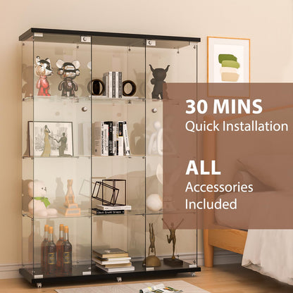 FANYUSHOW Glass Display Cabinet with 12 Shelves, 3 Columns and Lock, Extra Large DIY Curio Cabinets Quick-Install Style 5mm Tempered Glass Bookshelf for Living Room, Bedroom, Black