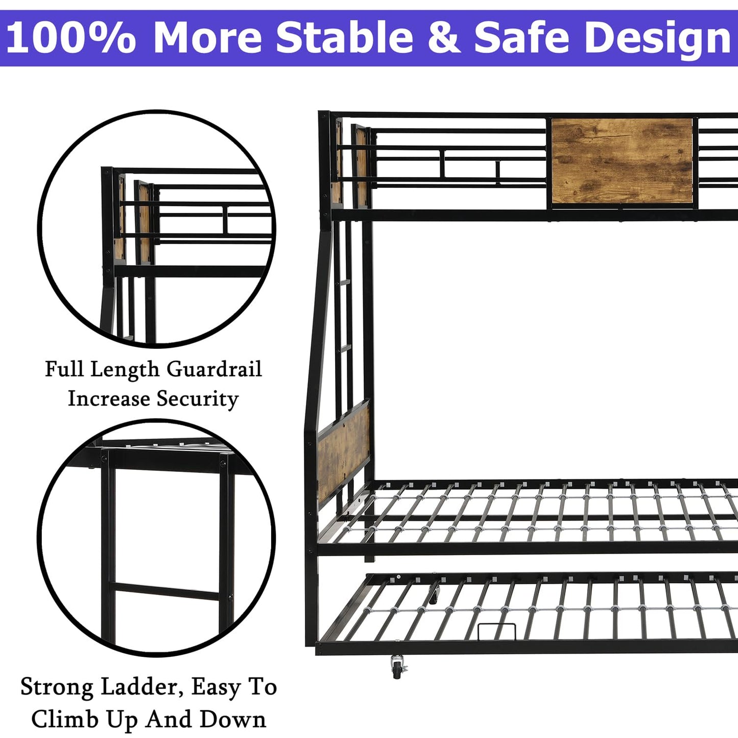 ZMIZAKOY Twin Over Full Bunk Beds with Trundle Bed,Heavy Duty Metal Bed Frame with Safety Rail 2 Side Ladders for Boys Girls Adults,Triple Bunk Bed No Box Spring Needed Space-Saving(Black)