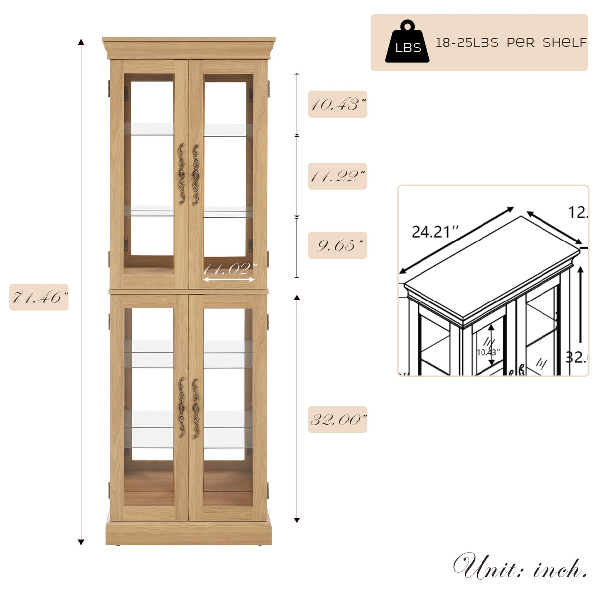 CKEASEAN Curio Cabinet 71" Lighted Glass Display Case, Wooden Wine Bar Cabinet with 6 Adjustable Shelves, Tempered Glass Doors, Light Bulb Included, Rack for Living Room Liquor Storage (Light Oak) CKEASEAN