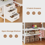 BTHFST Full Size Loft Bed with L-Shaped Desk and 3 Storage Drawers, LED Lights & Charging Station, Open Storage Shlef, Metal Loft Bed Frame with Solid Slats and Guardrail, Space Saving, White BTHFST