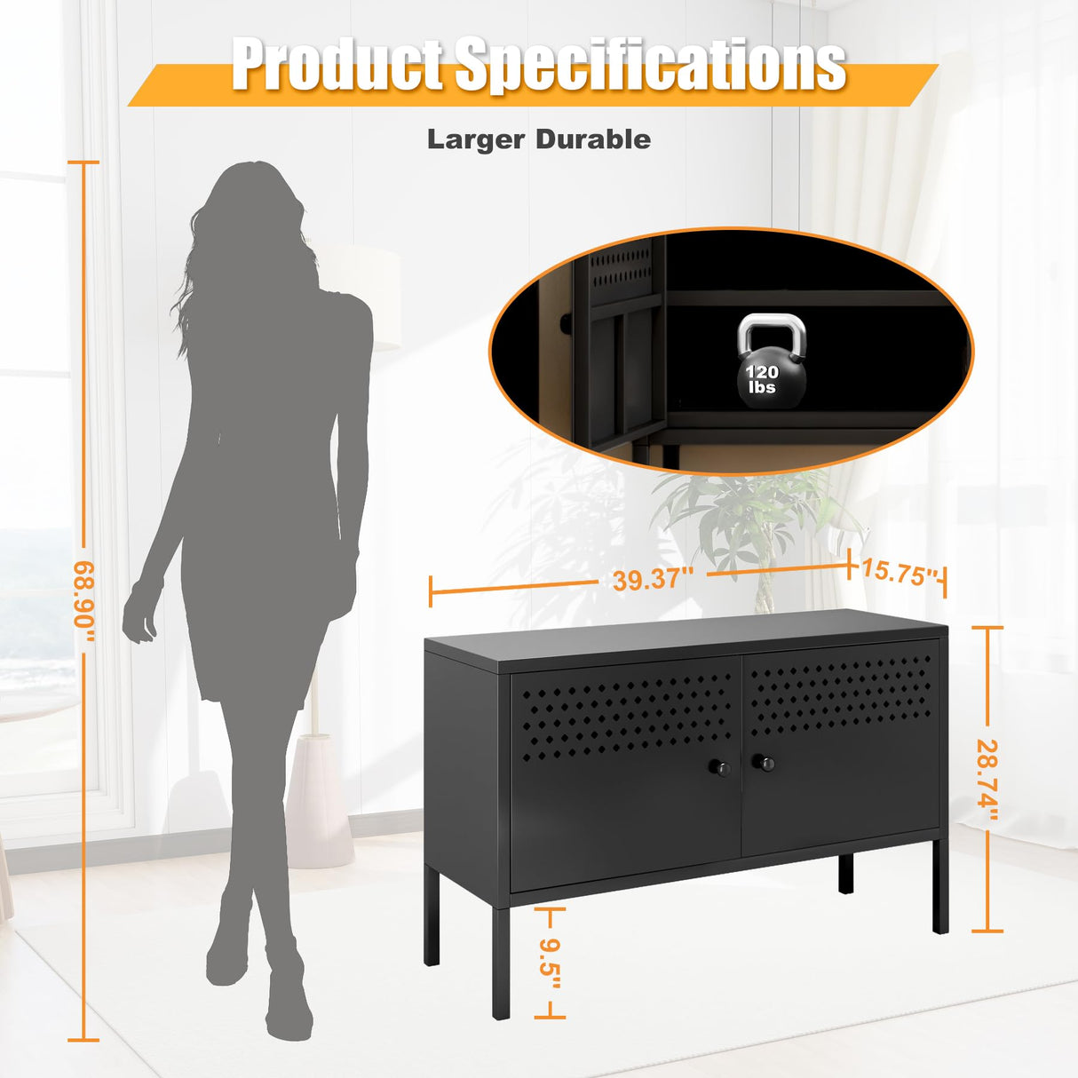 biosp 2 Door Metal Accent Cabinet 25" H Metal Storage Cabinet for Home Office Hallway Entryway Garage Basement, TV Stand for Living Room, Black biosp