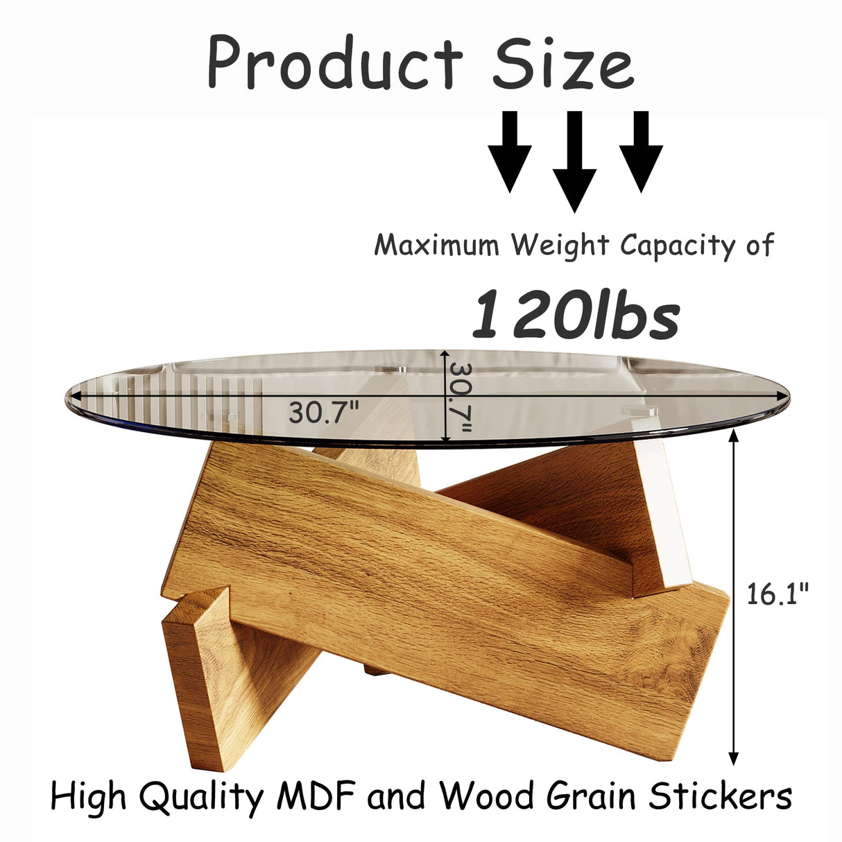 Honyee Modern Round Coffee Table, 30.7" x 30.7" x 16.1" Tempered Glass Top for Living Room, Color: Natural Wood Honyee