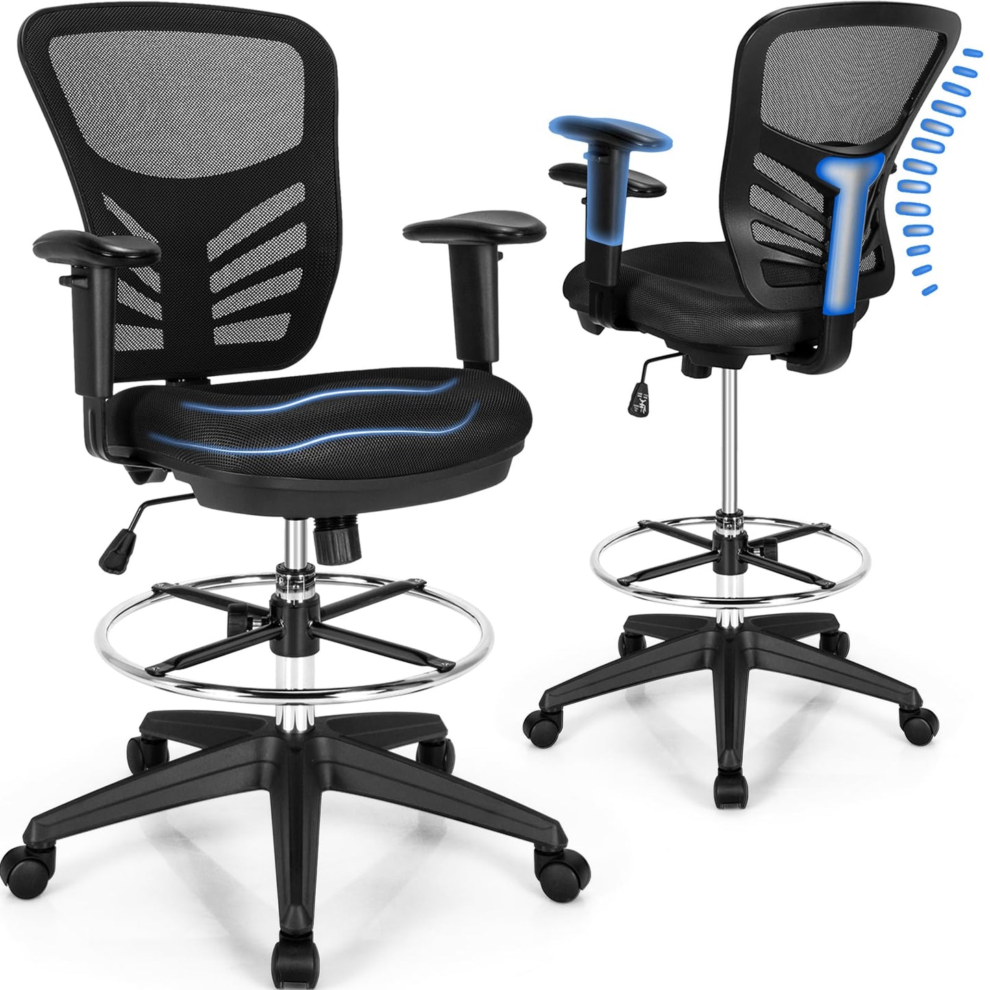 POWERSTONE Drafting Chair, Ergonomic Standing Desk Chair Adjustable Height, Tall Office Chair with Adjustable Armrests and Footrest Ring, High Computer Chair for Tall Desk, Standing Desk