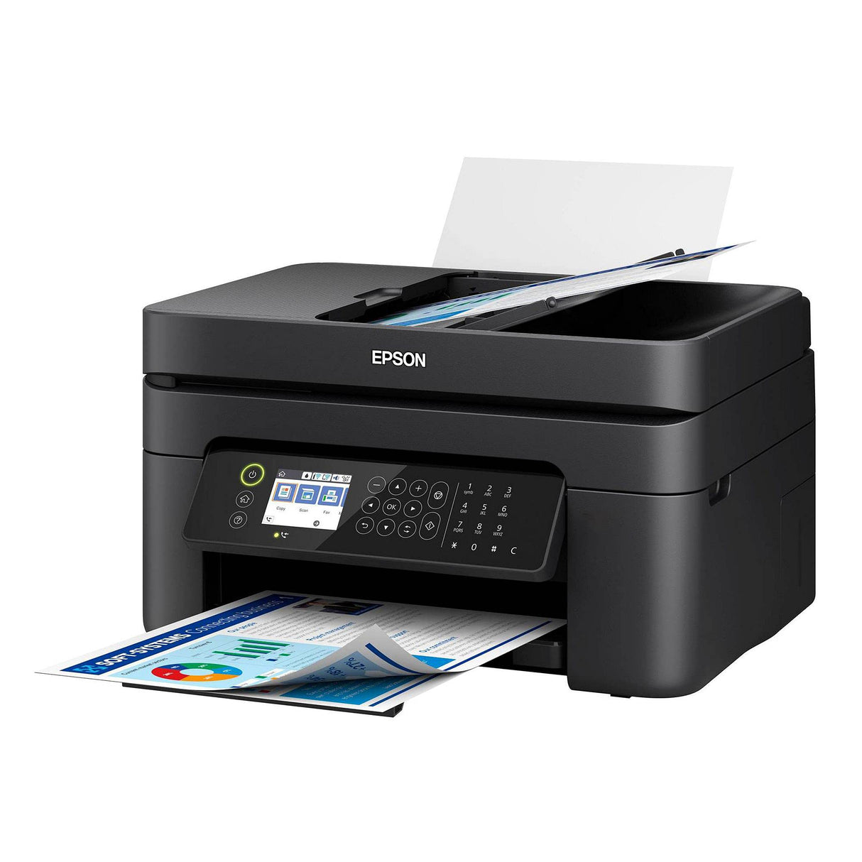 Epson Workforce WF-2850 All-in-One Wireless Color Inkjet Printer, Black - Print Scan Copy Fax - 10 ppm, 5760 x 1440 dpi, Auto 2-Sided Printing, 30-Sheet ADF, Voice-Activated, Vertluna Printer_Cable Epson