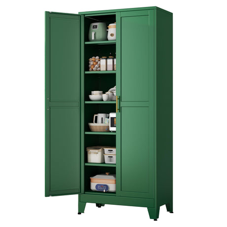 pozdeg 75” Tall Pantry Cabinet, Metal Kitchen Storage Cabinet with 2 Doors and 5 Adjustable Shelves, White Storage Cabinet Cupboard for Kitchen, Dining Room, Living Room and Bathroom (Green) pozdeg