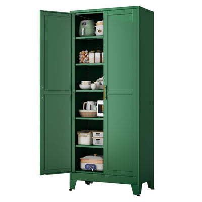 pozdeg 75” Tall Pantry Cabinet, Metal Kitchen Storage Cabinet with 2 Doors and 5 Adjustable Shelves, White Storage Cabinet Cupboard for Kitchen, Dining Room, Living Room and Bathroom (Green)