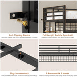 VIAGDO Loft Bed Twin Size with Hall Tree, Charging Station and LED Lights, Metal Loft Bed with L-Shaped Desk, 5 Storage Drawers, Heavy Duty Twin Size Bed with Stairs, No Box Spring Needed, Black VIAGDO