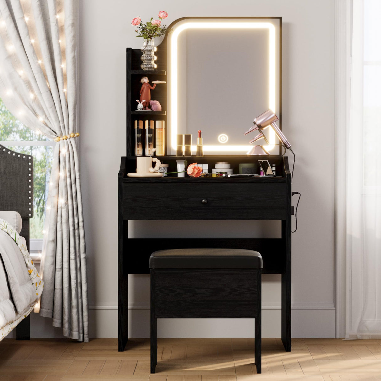 LIKIMIO Small Makeup Vanity Desk with Mirror and Lights, Vanity Table Set with Storage Drawer, Chair and Three Shelves, Bedroom, Black LIKIMIO