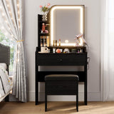 LIKIMIO Small Makeup Vanity Desk with Mirror and Lights, Vanity Table Set with Storage Drawer, Chair and Three Shelves, Bedroom, Black LIKIMIO