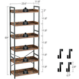 Rolanstar Bookshelf 6 Tier with 4 Hooks, Industrial Wood Bookcase, Vintage Storage Rack with Open Shelves, Rustic Standing Bookshelves Metal Frame Display Rack for Living Room, Bedroom, Rustic Brown Rolanstar