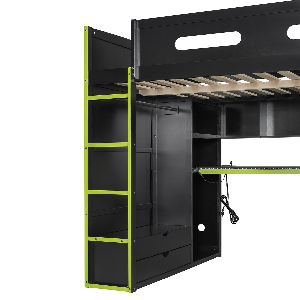 SOFTSEA Full Size Gaming Loft Bed with Desk, Wood Loft Bunk Bed with Wardrobe, Drawers, LED Light & USB Ports, Full Gaming Bed with Desk Underneath and Storage, Green & Black SOFTSEA
