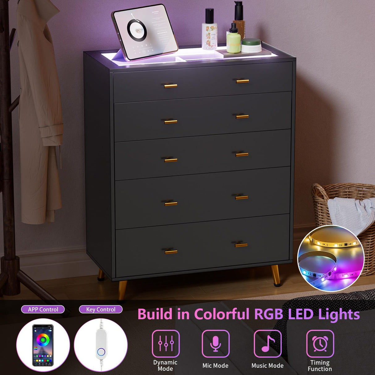 JanflyHome Drawer Dresser with LED Lights, 39" H Tall Tempered Glass Top Dresser, Modern Wood Chest of Drawers with Jewelry Organizer, Wardrobe Closet Island for Bedroom, Living Room, Black JanflyHome