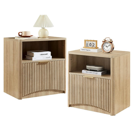 Evermagin Fluted Nightstand Set of 2, Natural Oak Bedside Table with Drawer and Storage, Wood Night Stand Mid Century Modern, Large End Table for Bedroom Evermagin