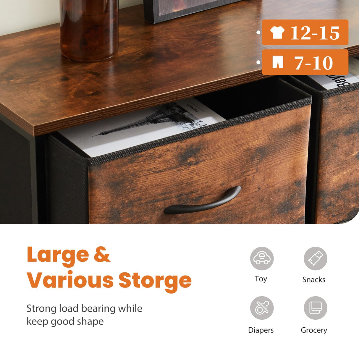 Sweetcrispy Dresser for Bedroom, Fabric Dresser with 10 Drawers, Tall Double Dresser, Chest of Drawers for Closet, Living Room, Sturdy Steel Frame, Wooden Top, Easy Pull Handle, Rustic Brown Sweetcrispy