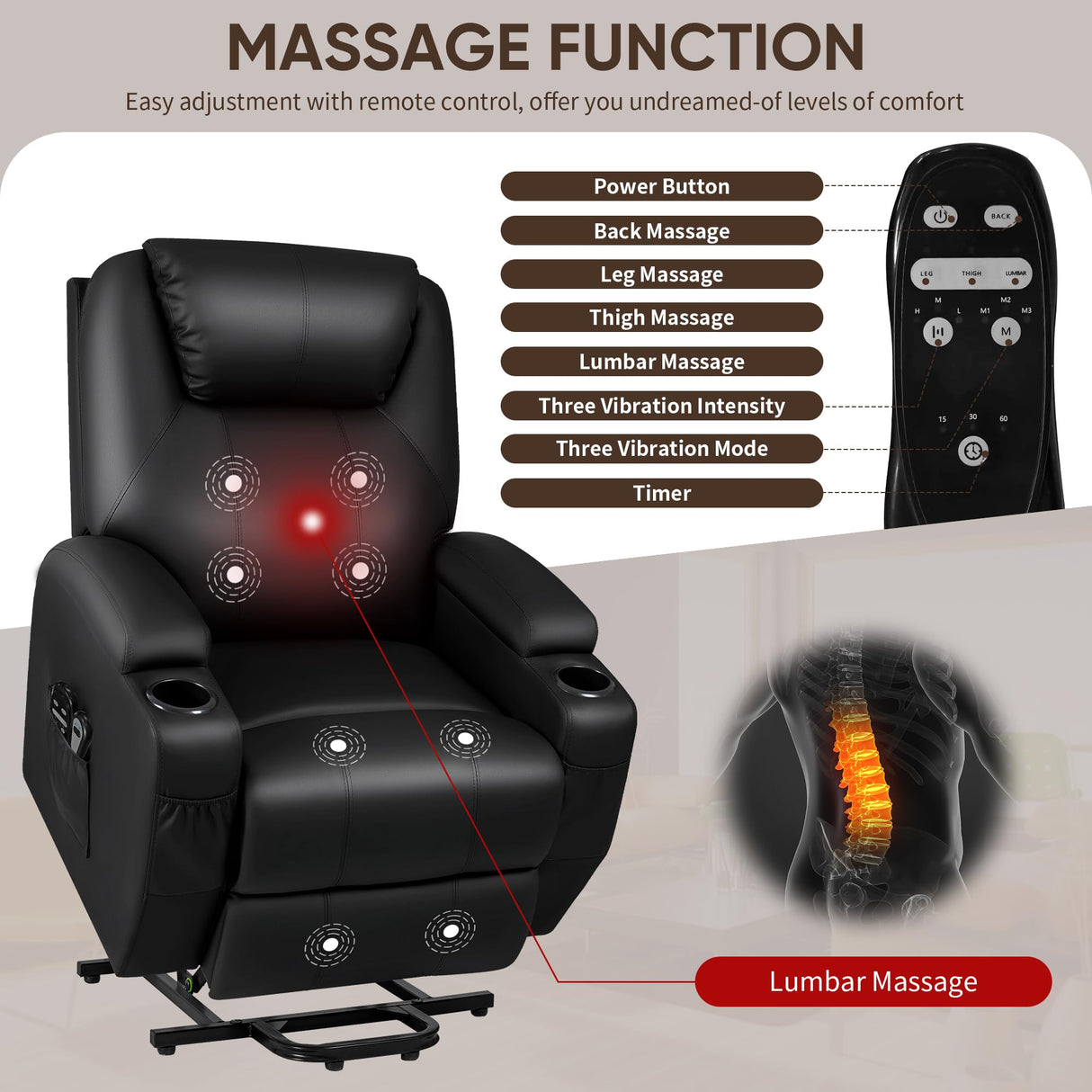 JUMMICO Power Lift Recliner Chair with Massage for Elderly PU Leather Modern Reclining Sofa Chair with Cup Holders, Remote Control, Adjustable Furniture (Black) JUMMICO