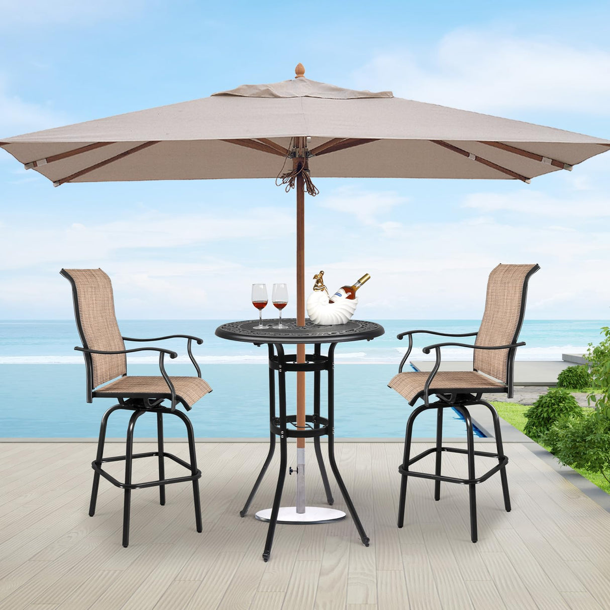 VINGLI Cast Aluminum Bar Height Patio Table with Umbrella Hole - Tall Outdoor Bistro Table, 32" Dia x 41" H (Black) VINGLI