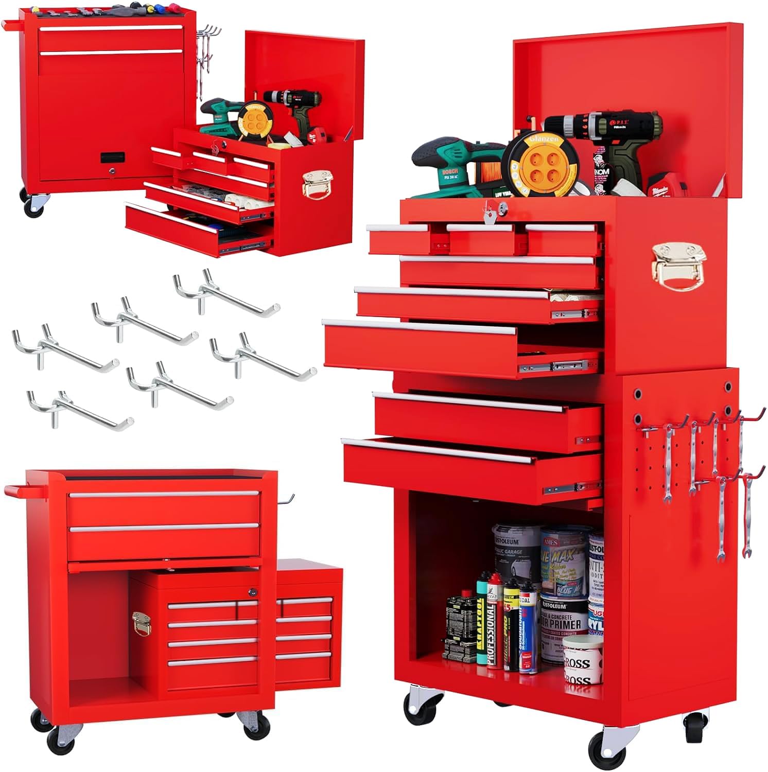 Dawmilon 8-Drawer Rolling Tool Chest, 2-in-1 Tool Box Organizer with Lockable Wheels, Sliding Drawers, and Detachable Top, Garage Workshop Tool Storage Cabinet, Red - WoodArtSupply