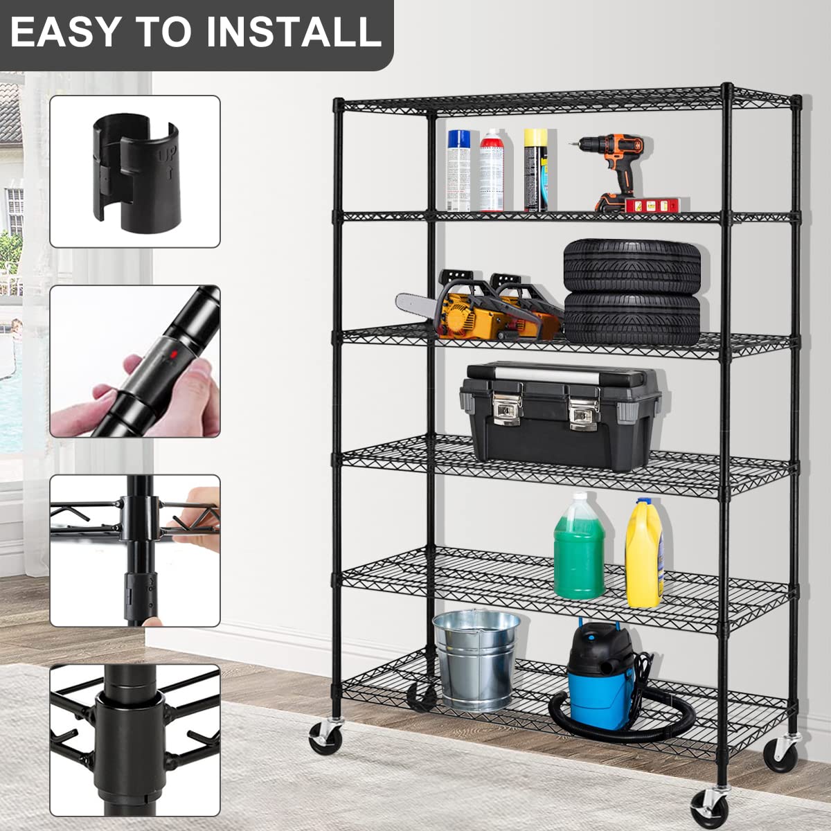 6 Tier Storage Shelves, 5999 Lbs Capacity Metal Shelf with Wheels Height Adjustable NSF Certification 48" L×18" W×72" H Heavy Duty Wire Shelving Units for Garage Pantry Kitchen Rack, Black Dlewmsyic
