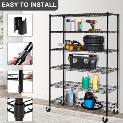 6 Tier Storage Shelves, 5999 Lbs Capacity Metal Shelf with Wheels Height Adjustable NSF Certification 48" L×18" W×72" H Heavy Duty Wire Shelving Units for Garage Pantry Kitchen Rack, Black