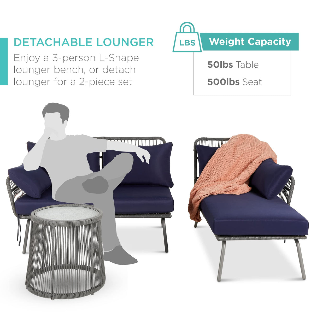 Best Choice Products Outdoor Rope Woven Sectional Patio Furniture L-Shaped Conversation Sofa Set for Backyard, Porch w/Thick Cushions, Detachable Lounger, Side Table - Gray/Navy Best Choice Products